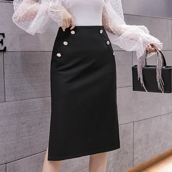Elegantne Elastne Must Asukoht Seelikud Naistele 2021 Fashion korea Nuppu Bodycon Kõrge Vöökoht Seksikas Seelik Lukuga Midi Pliiats Seelik XXL