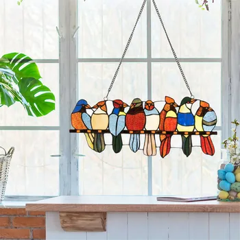 Mitmevärviline Birds On A Wire Kõrge Mini Värvitud Lind Akna Rippuvad Suncatcher Akrüül Rippuvad Linnud Decorat