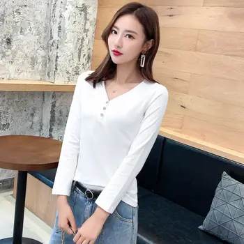 2021 kevadel uus pikk varrukas, V-kaelus T-särk naiste valge alumine must mantel sügis kleit korea õhuke õhuke top