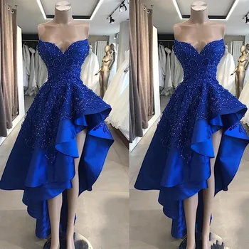 Hi Low Royal Blue Satiin õhtukleidid Pikk riietumisstiil Rant Varrukateta kleit de iltamat Abendkleider 2019 Prom Pool Hommikumantlid