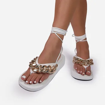Naiste kingad 2021 paks-baseeruv keskel kanna platvorm flip-flops metallist kett anklet rihm Rooma sandaalid