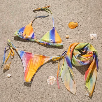 Äsja Naiste Side Bikini Komplekt Teemant Värvi Print Thong Suvel Rannas Supelrõivad Ujumistrikoo m99