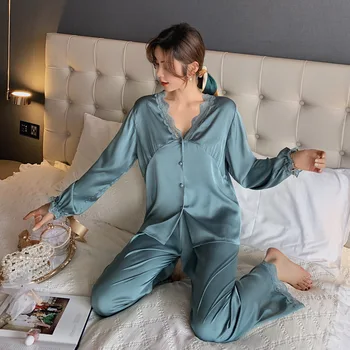 Vabaaja Kevad-Suvel Uus Sleepwear V-Kaeluse Pidžaama Sobivad Burgundia Pits Nightwear Satiin Seksikas 2TK Magada Sätestatud Intiimne Pesu