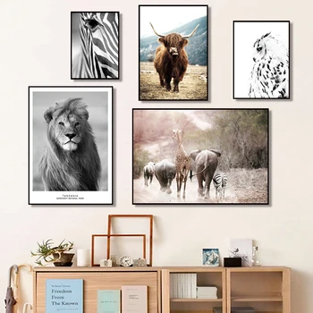 Lõvi, Elevant, Sebra Ja Lehm Põhjamaade Loomade Plakatid Ja Pildid Seina Art Lõuend Maali Dekoratiivsed Pildid Elutuba Home Decor