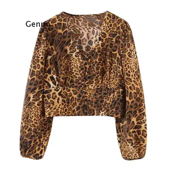 Kevad-Särk Naiste Mood Trend V-Kaeluse Pikkade varrukatega Leopard Printida Vabaaja Lühike Top Naiste T-Särk Blusas Lahti Pluusid 2021