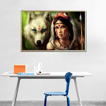 Wild American Native India Tüdruk ja Hunt Loomade Portree Lõuend Kunsti Plakatid, Prindid Seina Pilt elutuba Decor Kunsti
