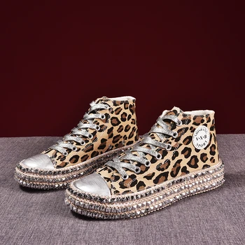 Leopard Printida Tossud Naiste Mood Neet Lõuend Kingad Lace Up 2021 naiste kingad Rhinestone tossud