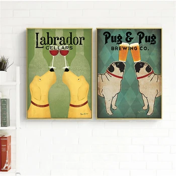 Lõuend Maali Paar Koer Juua Labradori Mops Must Koerad Seina Pildid elutuba Teenetemärgi Köök Decor Retro Loomad