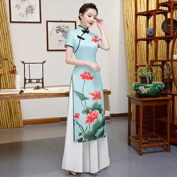 Hiina Stiilis Lühikesed Varrukad Õie Printida Qipao Naine Elegantne Pikk Cheongsam Tulemuslikkuse Suvine Kleit 2021 Pluss Suurus S-5XL