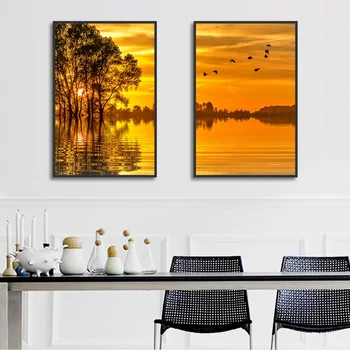 Põhjamaade Päikeseloojangut Forest Lake Scenery Teenetemärgi Maalid elutuba Seina Art Plakat ja Trükib Kodu Kaunistamiseks Lõuend Pilt