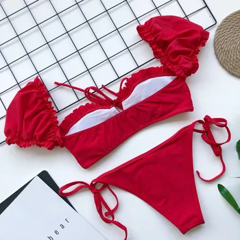 Sexy Bikini 2021 Naiste Lühikesed Varrukad Tahke Punane Push Up Rinnahoidja, Mis On Välja Lõigatud Ujumistrikoo Suplejaid Trikoo Sidemega Thong Supelrõivad Beachwear