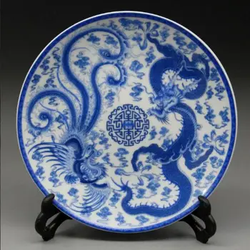 Hiina Sinine ja Valge Portselan Taldrik on Värvitud Dragon Phoenix w Qianlong Kaubamärk