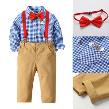 2-7Years Kid Poisid Härrasmees Sobiks Sinine Ruuduline Vibu Särk Topid Püksid Ametliku Partei Laste Kostüümid