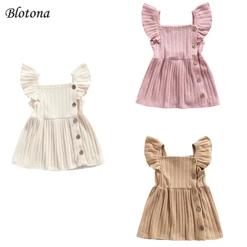 Blotona Baby Girls Casual Printsess Kleit, Tahke Värvi Ruudu Krae Lennata Varruka Ühe karavan Decor Suvel Kleidid, 3-24Months