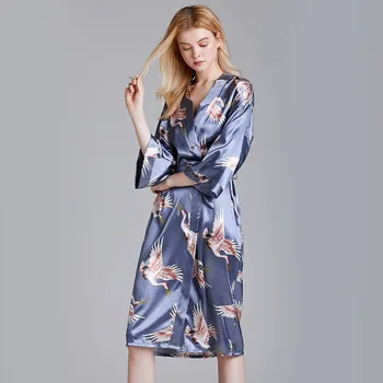 Naiste Pikk Pulm Kleit Nightwear Trükitud Kraana Satiin V-kaeluse jaoks Kimono Hommikumantel Kleit Kodus Riideid Seksikas Intiimne Pesu