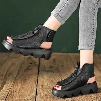 Sandaalid Vintage Paks Sandaalid Naiste Kvaliteetne Nahast Lukuga Paksu Põhjaga Paksu Retro Väljas Beach Sandaalid 2021 Uus