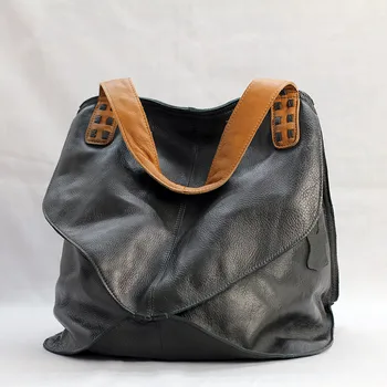 Casual puhas nahk Naiste kott Vintage käekott pehmest nahast suure mahutavusega kott cowhide kontrasti Õla Messenger Kotid