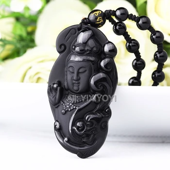 Päris Naturaalne Must Obsidian Käsitsi Nikerdatud Hiina Õnnistus Buddha GuanYin Õnnelik Amulett Ripats + Helmed Kaelakee Mood Ehteid