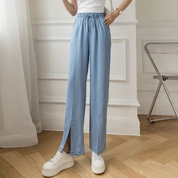 Naiste Kevad-Suvel Lai Jalg Tencel Denim Püksid 2021 Vabaaja Elastne Kõrge Vöökoht Split Pant Streetwear Naiste Pikad Püksid