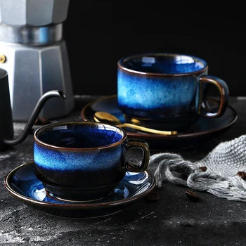 Moodsad portselan-oskustööliste keraamiline kohvi tassi ja taldriku komplekt creative hommikusöök pärastlõunane tee Jaapani lihtne Sinine