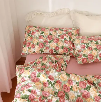 Armas kollane punane lill, roos voodipesu komplekt tüdruk,magus lilleline puuvillane twin täielik kuninganna kodutekstiili voodi lehel padjapüür tekk kate