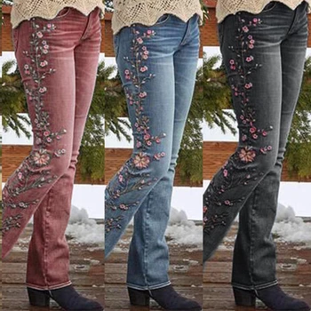 Naiste Euroopa ja Ameerika Venitada Värviga Retro Tikandid Sirge Jalg Püksid Teksad Naiste Vabaaja Lahtine Tasku Püksid