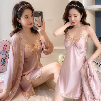 [with rinnus pad] pidžaama naiste suvel jää silk nightgowns seksikas kaks tööd nightdress pilduma kevadel ja sügisel siidist hommikumantel