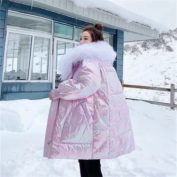 Roosa läikiv sulejope reaalne mongoolia lamba karusnaha krae 90% valge part alla naine talve mantel