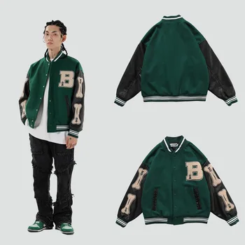 Hip-Hop Baseball Jacket Meeste Karvased Luu Kirja Plaaster Värvi Nahast Ümbris Kolledži Stiilis Streetwear Harajuku Bomber Jope Mantel