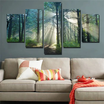 Kaasaegse Decor Kodus elutoas HD Prindib 5 Tükki Metsa Päikest Maastik Maalid Seina Art Plakat Raami Modulaarne Lõuend Pildid