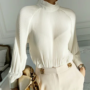 Naiste särk 2021 moedisain stand-up krae, plisseeritud käsitöö lahti ja kergelt läbipaistev valge latern varrukas särk naistele