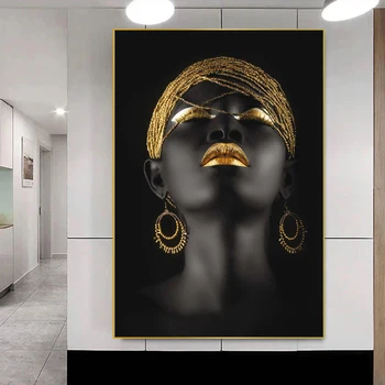 Aafrika Naine Seina Art Lõuend Maali ja Trükib Suur Must Naine, Kellel Kuld Ehted Pildi Art Plakatid Kodu Kaunistamiseks