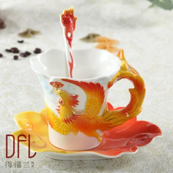 Emailiga Dragon Phoenix Kohvitass Protselin Tee Vee Tassi Koos Taldrik Lusikas Loominguline Drinkware