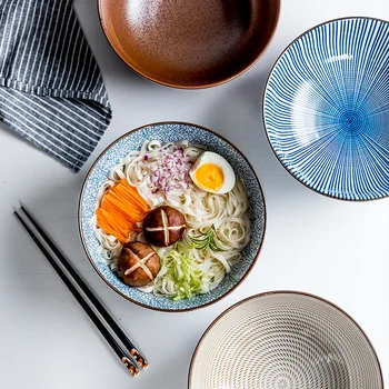8 Tolline Jaapani Ramen Kauss Keraamika Nuudel Kausi Triip Disain Suur Supp Kaussi Restoran Leibkonna Retro Dinnerware