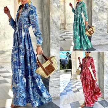 Vintage Muster Prindi Bohemian Kleit Elegantne Naiste Turn-down) Krae-Nupp Plisseeritud peokleidid Mood Daamid Lahti Maxi Kleit