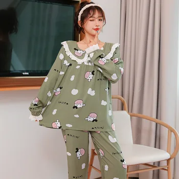 Rohelise trükise Naiste 2TK Pidžaama Sobiks Viskoos Hubane Siserõivad Pehme Homewear Kevadel, Sügisel Uus Nightwear Intiimne Pesu