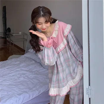 Pidžaama ins naiste new korea versioon lihtne ruuduline pika varruka vabaaja home service kaks-tükk suured pajama kimono pijamas