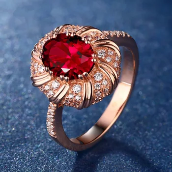 Euroopa ja Ameerika stiilis luksus tuvi vere-punane sünteetiline rubiin aristokraatlik ring, mida kaetud 18K Rose Gold naine