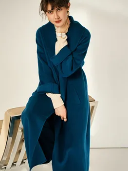 Pikk Kašmiir Naiste Overcoat Hepburn Stiilis Pits Varjatud Kahepoolne Villane Mantel Puhas Värv Elegantne Naiste Riided Outwear