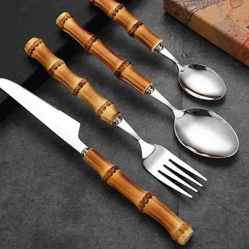 1 Dinnerware Laadi Bambusest Käepide Terasest Kallis Söögiriistad Kahvel Lusikas Kodu Köögi-Ja Lauanõud Tarvikud