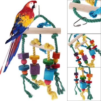 Värviline Papagoi Lemmikloom Lind Macaw Rippuvat Mänguasja Närida Kellad Puidust Plokid Kiik Mänguasi