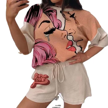 Naiste Suvine Stiilne Cartoon Prindi Lühike Varrukas Kaeluse Ümber T-Särk+Elastse Sidemega Lühikesed Püksid, Kahe-Osaline Komplekt, Vabaaja Puuvillane Ülikond