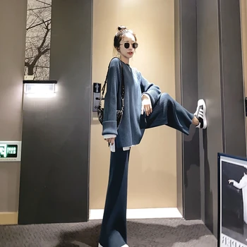 Korea Stiilis Koo Naiste Kampsun Kostüüm Paks Crewneck Talvel Pluss Suurus Vabaaja Lahti Pullover Kampsunid, 2 Tk Komplekti Tõmba Femme