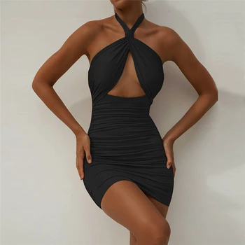 2021 Suvel Tänaval Seksikas Must Backless Õhtul Pingul Kleit Juhuslik Naiste Khaki Päitsed Õõnes Plisseeritud Mini Kleit