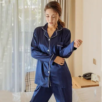 Siserõivad Faux Siidist Pidžaama Komplekt Suvel Naiste Satiin Sleepwear Pika Varrukaga Pluusi Peal Magada Põhjad Nightgowns Naine Kodus Pidžaamad