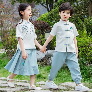 Armas Kooli Ühtse Hiina Stiilis Vintage Õie Tikandid Tüdrukute Valge Lühike Cheongsam Tops Sinine Pikk Kleit Poisid Tang Ülikond