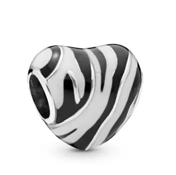 Tõeline 925 Sterling Hõbe Helmed Uus Zebra Print Südame Võlu Sobib pandora Naised Käevõru & Kaelakee Diy Ehted