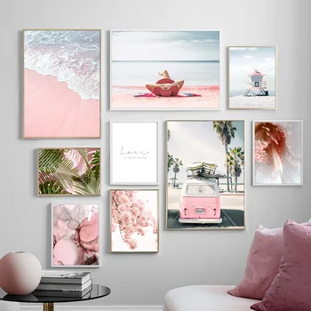 Roosa Mere Rand, Bussi Tüdruk Palm tree Maastiku Seina Art Lõuend Maali Nordic Plakatid & Pildid Seina elutuba DecorPictures