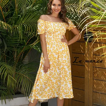 Uute tulijate Prindi Naiste Maxi Kleit Suveks 2020 Slash Kaela Puhvis Varrukatega Õhuke Kleit Naistele
