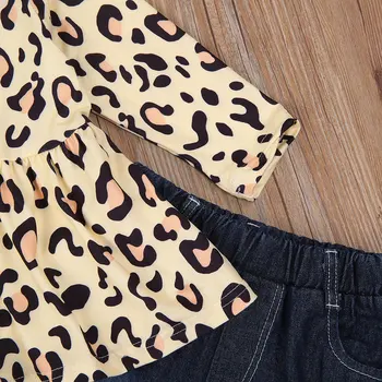Beebi Tüdrukud Sügis Komplekt Komplekti Pikk Varrukas Kaeluse Ümber Leopard Printida Top + Ripitud Denim Püksid